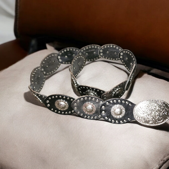 Fossil Studded Brown Leather with Concho Belt Women's L Engraved Buckle BOHO - Picture 3 of 7